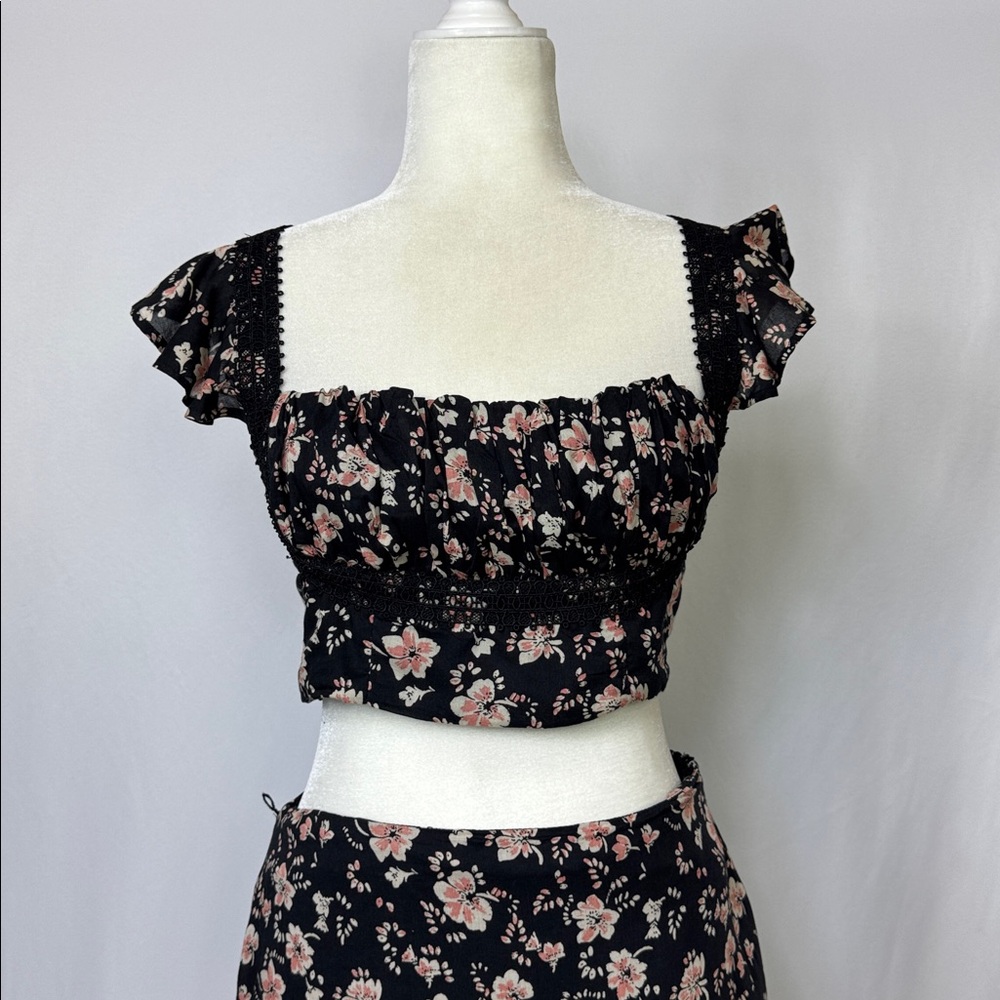 Free People Bijou Floral Midi Skirt Set Size 4 Black Pink‎ NWOT - Picture 5 of 13